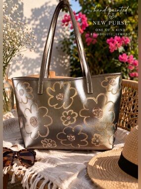 New Hand-Painted Metallic Floral Tote purse |  One of a Kind | By @delulu_lemons